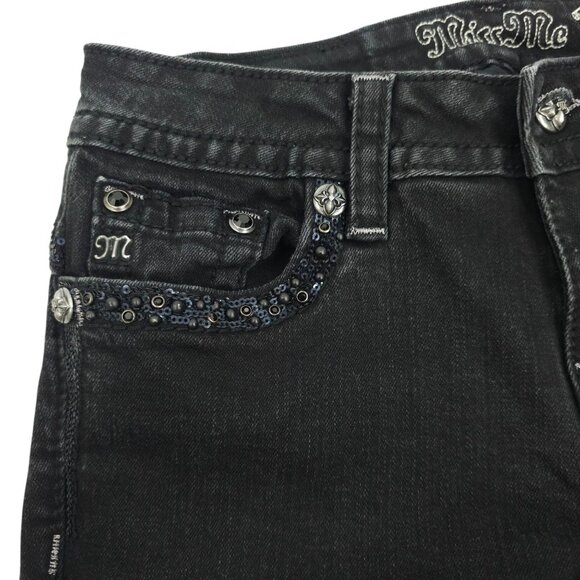 Miss Me Jeans Mid Rise Skinny Black Size 27 Stretch Studs Rhinestones Sequins - Picture 13 of 16